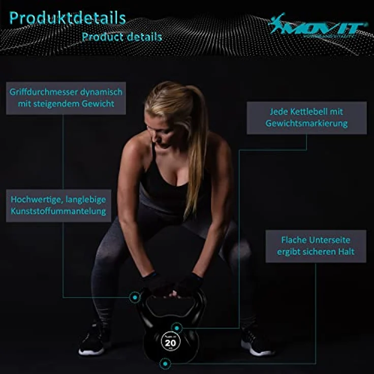 MOVIT Kettlebell STYLISH BLACK, Kugelhantel mit bodenschonender Kunststoffhülle, 2 kg bis 20 kg, schadstoffgeprüft, 4 kg gelb – Bild 5