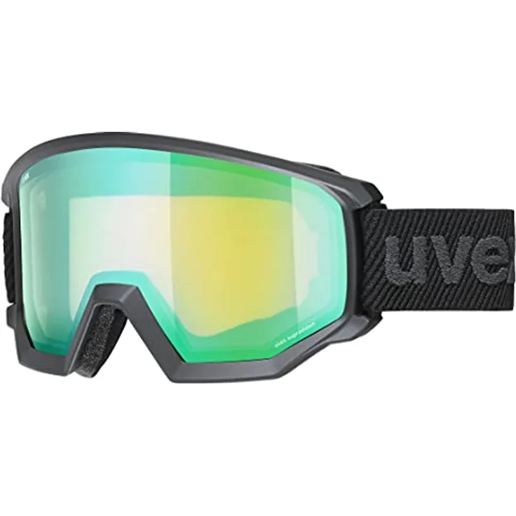 uvex athletic FM, Skibrille für Damen und Herren, beschlagfrei, Filterkategorie 2, black matt/green-LGL, one size