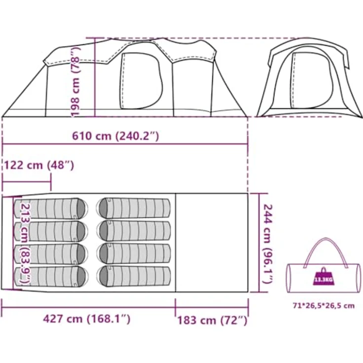 vidaXL Tunnel Familienzelt 8 Personen, Wasserdicht mit E-Anschluss, Gruppenzelt, Grün 185T Polyester – Bild 3