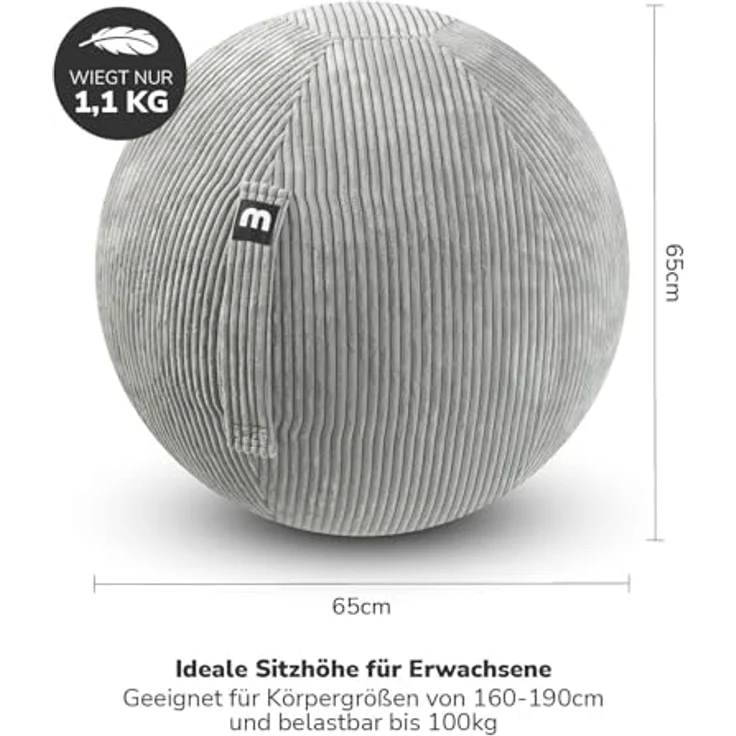 mokebo Stoff Sitzball Büro ergonomisch 'Der Sportliche', 65cm Breite, Cordbezug, Gymnastikball mit Pumpe – Bild 4