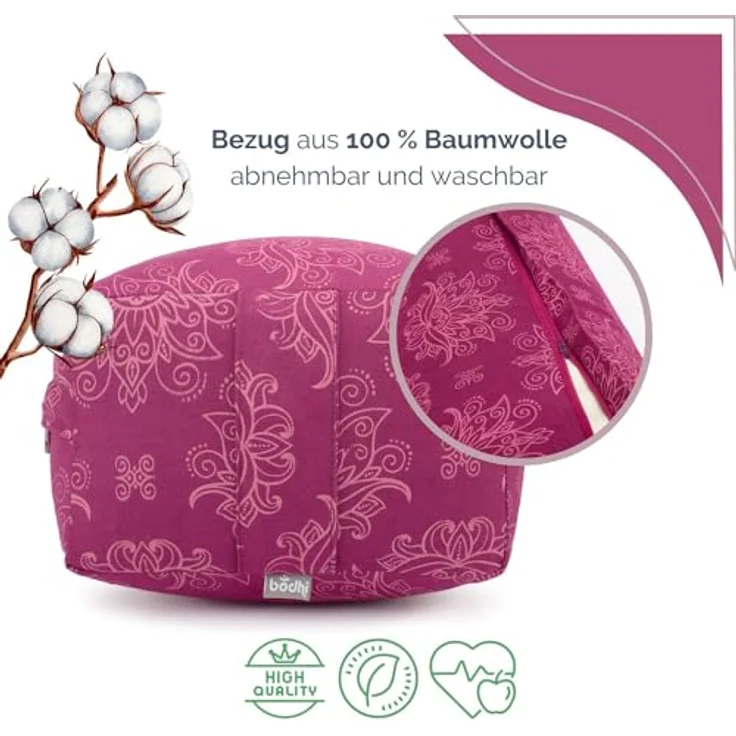 Bodhi Yoga Bolster SALAMBA Lotus | Maharaja Collection | Rechteckig | Waschbarer Bezug aus Baumwolle | Yogarolle mit Dinkelfüllung | Yoga Zubehör für Restorative Yoga und Yin Yoga | Berry – Bild 2
