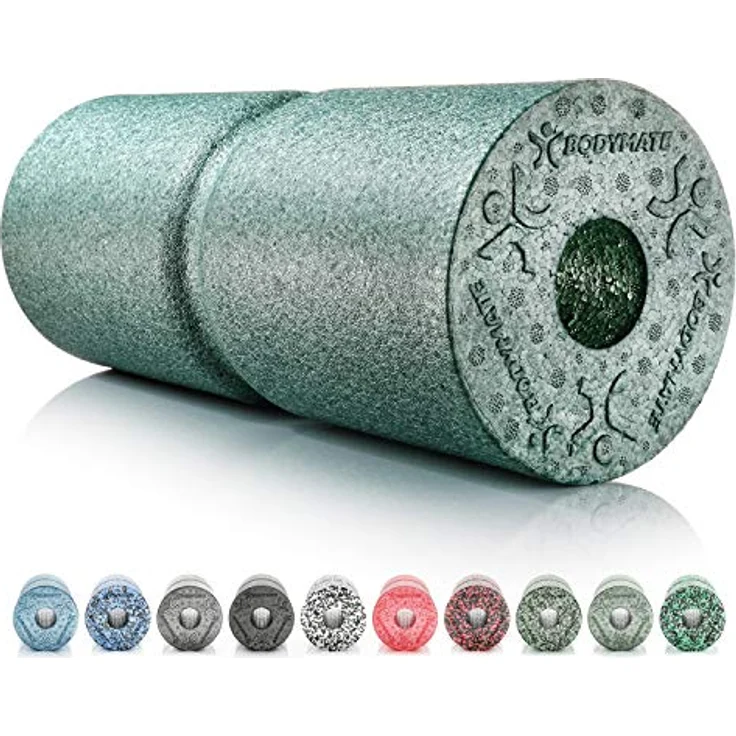 BODYMATE Faszienrolle CARE, Mittel-Hart mit umlaufender Rille zur Wirbelsäulen-Entlastung und E-Book, Midnight-Green, 35x14cm – Bild 1