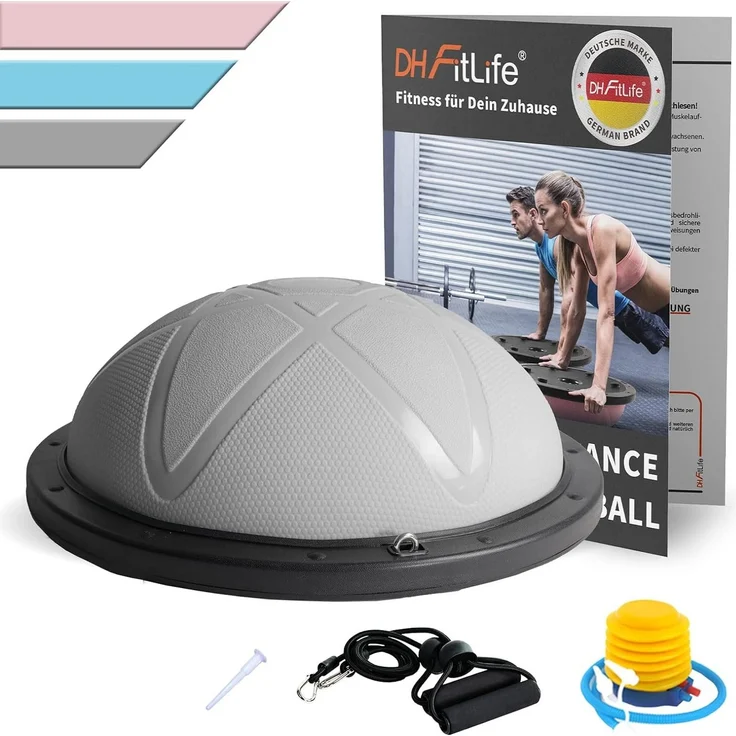 DH FitLife Balanceboard Balance Ball, beidseitig einsetzbar, Φ60*22cm bis 200 KG, explosionsgeschützt, inkl. Pumpe & 2 Fitnessbänder, Blau