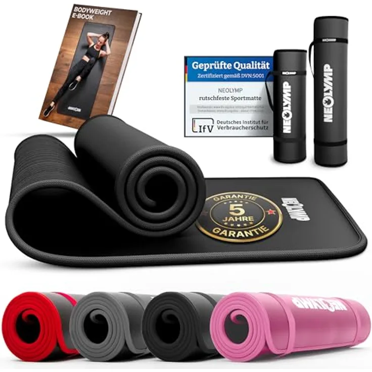 NEOLYMP extra dicke Fitnessmatte, rutschfest, inkl. Tragegurt & E-Book, 80 cm, schwarz, für Yoga, Pilates & Fitness