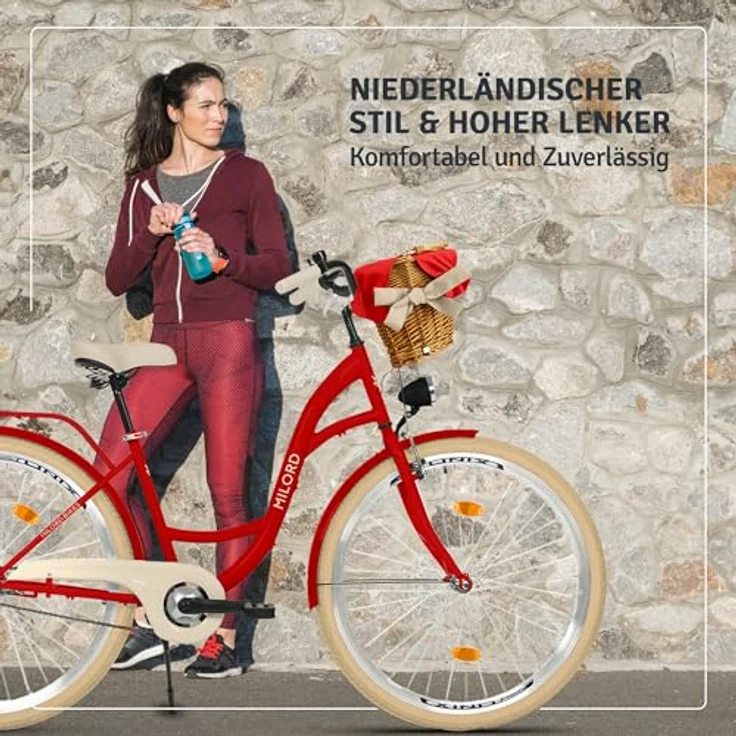 Milordbikes City-Fahrrad 46 cm, rot, Metall, mit Aluminiumfelgen und hinterem Träger für Freizeit und Fitness – Bild 4