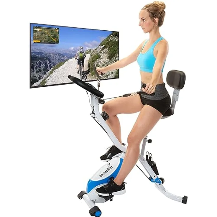 Skandika Fitnessbike Foldaway X-3000 X-Bike mit Lehne, Ergometer Fahrrad, klappbarer Hometrainer | Multi-Gym 4 in 1 Heimtrainer, Liegeergometer, Beintrainer, Kraftstation | blau/weiß