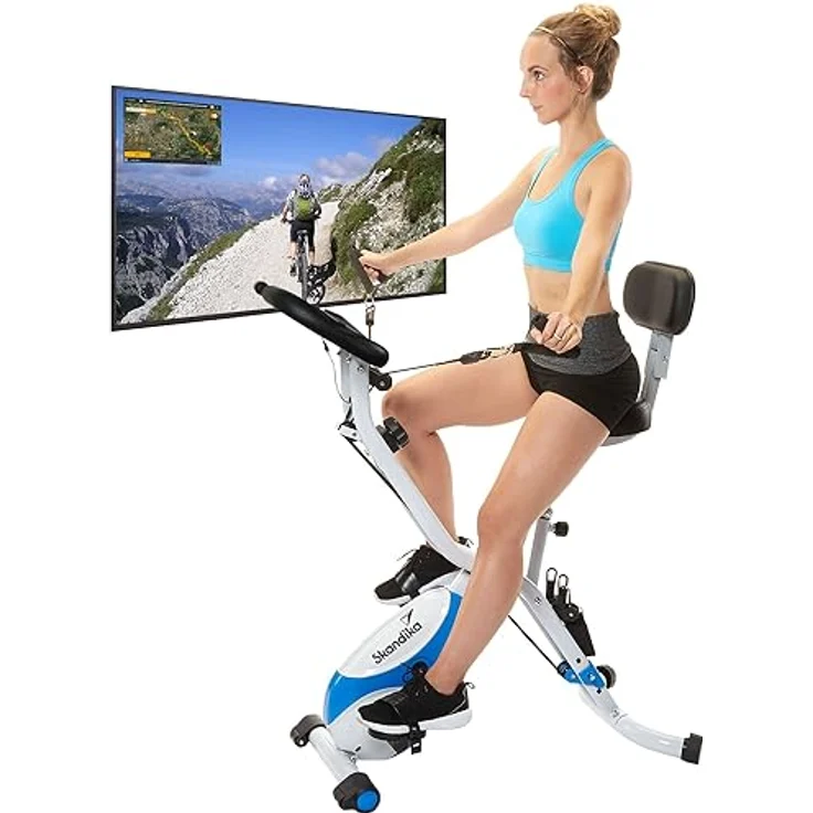 Skandika Fitnessbike Foldaway X-3000 X-Bike mit Lehne, Ergometer Fahrrad, klappbarer Hometrainer | Multi-Gym 4 in 1 Heimtrainer, Liegeergometer, Beintrainer, Kraftstation | blau/weiß – Bild 1