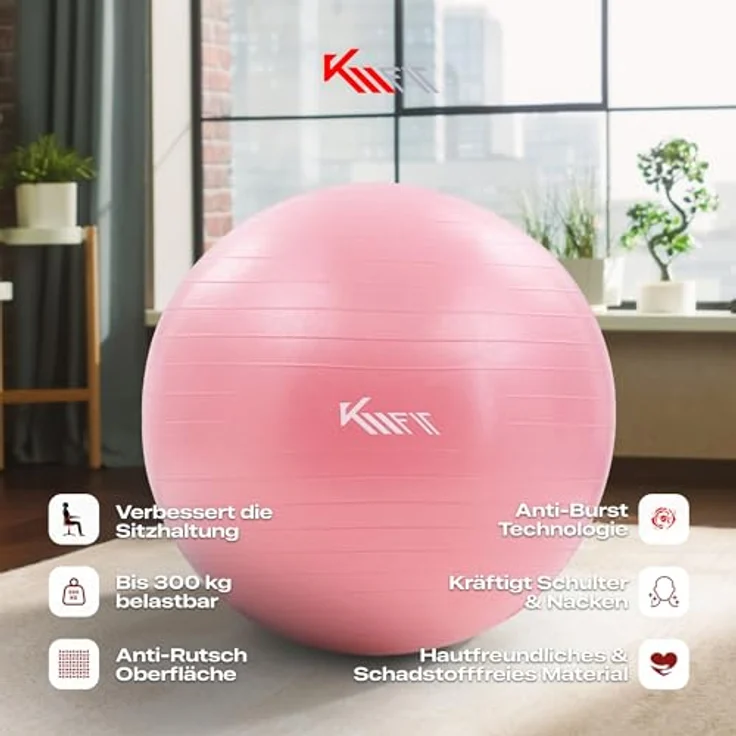 KM-Fit Gymnastikball 75cm | Trainingsball mit Luft-Pumpe | Sitzball Büro Anti-Burst | Ball für Fitness, Yoga, Gymnastik, Core Training | Pezziball Yogaball BPA-Frei | Pink – Bild 2