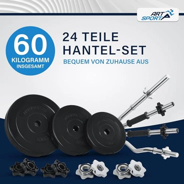 ArtSport 3in1 Hantelset mit 2 Kurzhanteln, 1 Langhantel & 1 SZ Curlhantel - 12 Gewichte mit 60kg und Sternverschlüssen - Hantel Set Krafttraining – Bild 2