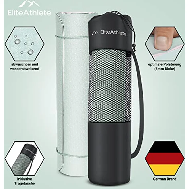 EliteAthlete Yogamatte - Sportmatte - Fitnessmatte - Gymnastikmatte gepolstert & rutschfest für Fitness, Pilates - Yoga Matte - 183 cm x 61 cm x 0.6 cm - Trainingsmatte inkl. Transportgurt + Tasche – Bild 2