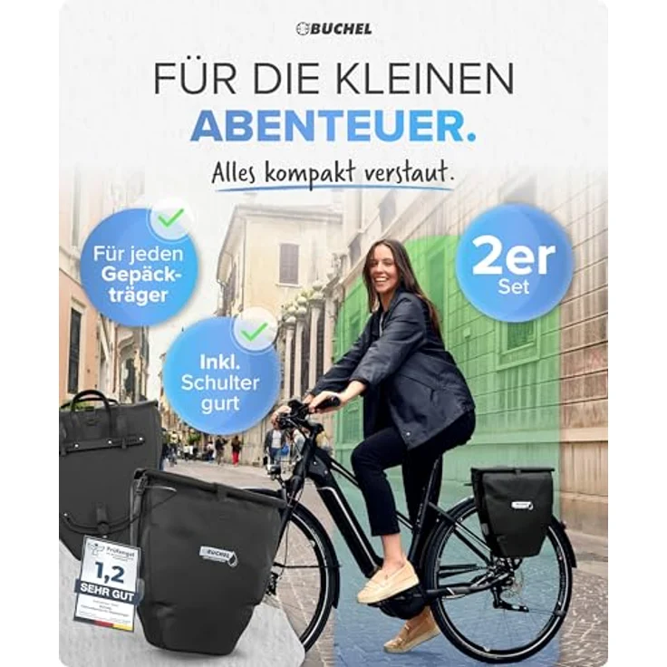 Büchel 14L Fahrradtaschen Gepäckträger 2er-Set, 100% wasserdicht mit Reflektoren, Schultergurt & Tragegriff, schwarz – Bild 2