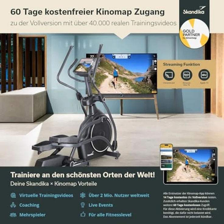 Skandika Crosstrainer Carbon P30-S, Ellipsentrainer mit Touchscreen, Steigung bis 15°, 32 Widerstandsstufen, bis 150 kg, App-kompatibel, mattschwarz – Bild 5