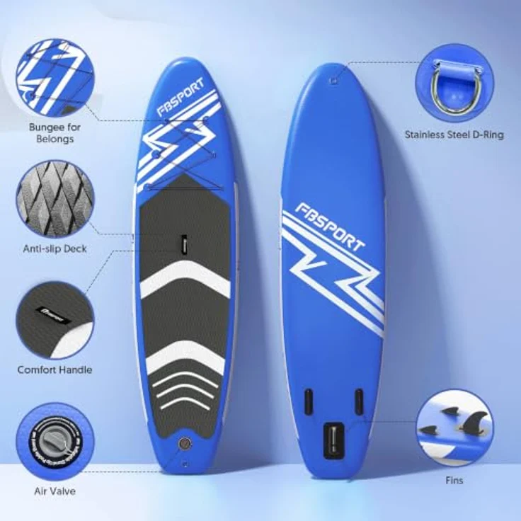 FBSPORT Aufblasbares SUP Board, Stand Up Paddling Board, 15CM Dick mit verstellbarem Aluminium-Paddel und Pumpe, Blau – Bild 3