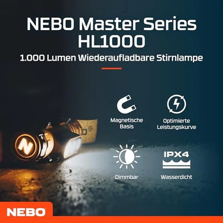 NEBO Master Series HL1000, Wiederaufladbare Kopflampe mit 1000 Lumen, 5 Lichtmodi und 180° Schwenkfunktion, wasserdicht und stoßfest, für Outdoor-Aktivitäten – Bild 2