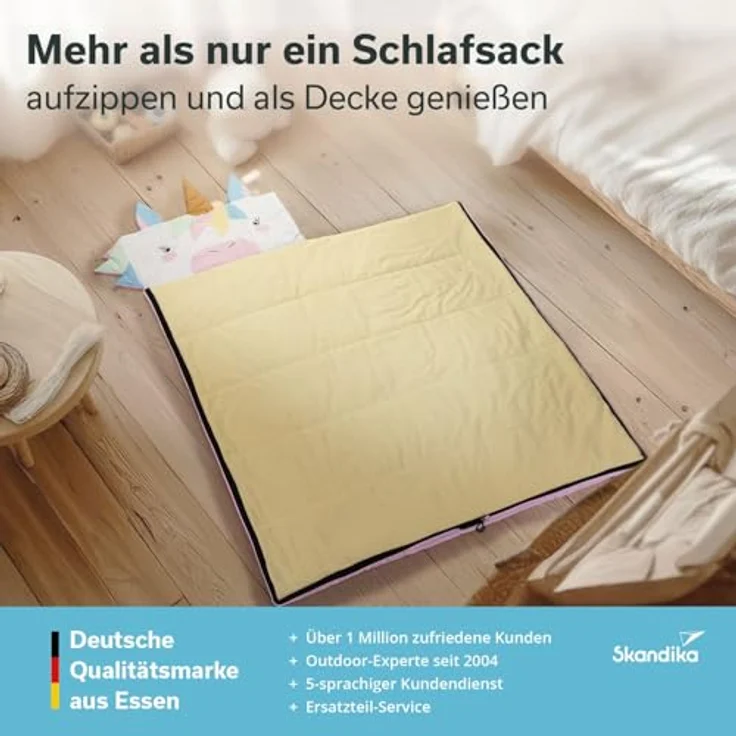 SKANDIKA Kinderschlafsack Soti, Camping Schlafsack für Kinder bis 150 cm, buntes Einhorn-Design, Baumwolle, maschinenwaschbar, Komfort-Temperatur 13 °C bis 3 °C – Bild 7