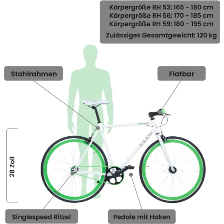 Galano Blade Fixie Fahrrad, 28 Zoll Singlespeed, Flip Flop Nabe, verschiedene Farben, geeignet für Fahrergrößen 165 - 195 cm – Bild 2