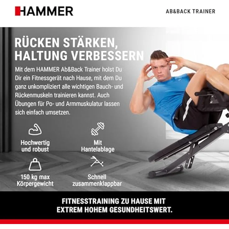HAMMER Bauch Rückentrainer Ab And Back Trainer Bauch-rückentrainer, schwarz, 7-fach verstellbare Rückenlehne, ergonomisches Design, platzsparend klappbar – Bild 2