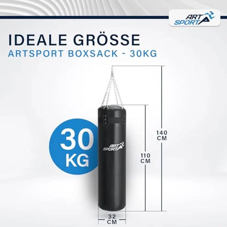 ArtSport® Boxsack Set 30 kg gefüllt, 110 cm hängend mit 4-Punkt-Stahlkette & Drehwirbel für Boxen & Kickboxen, schwarz – Bild 3