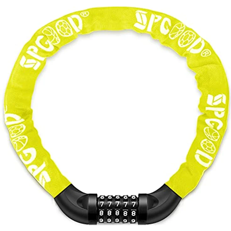 SPGOOD Fahrradschloss mit 5-stelligem Zahlencode, gehärtete Stahlkette (7 mm, 830 mm), hohe Sicherheitsstufe, gelb – Bild 1