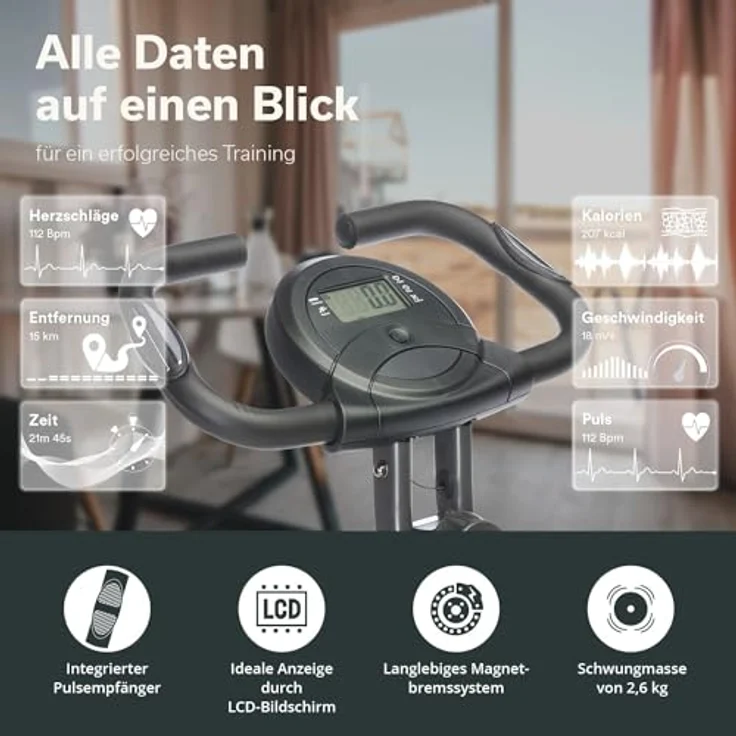 Skandika Foldaway X-1000 Fitnessbike Heimtrainer x-Bike klappbar mit Handpuls-Sensoren, 8-stufiger Magnetwiderstand, LCD Display, 130 Kg max. Gewichtsbelastung (schwarz) – Bild 2