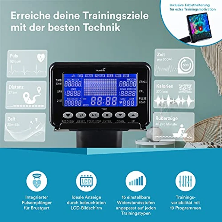 Skandika Rudergerät Njord | Ruderergometer mit 16 Stufen, klappbar, Studioqualität, 8 kg Schwungmassensystem, max. 180 kg, Lange Laufschiene, Kinomap, Bluetooth, | Fitnessgerät für Zuhause – Bild 3