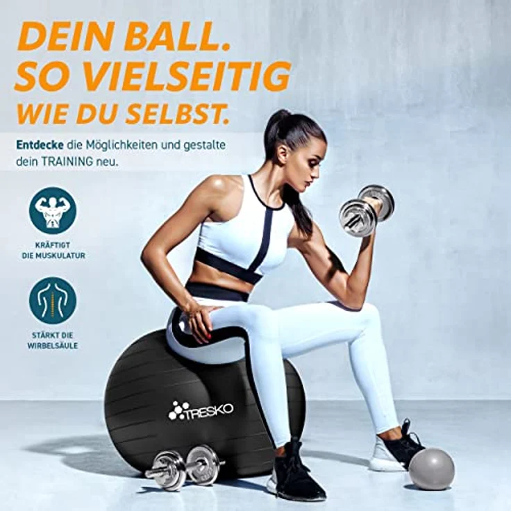 TRESKO Gymnastikball mit GRATIS Übungsposter inkl. Luftpumpe - Yogaball BPA-Frei | Sitzball Büro | Anti-Burst | 300 kg,Schwarz,65cm (für Körpergröße 155 - 175cm) – Bild 2