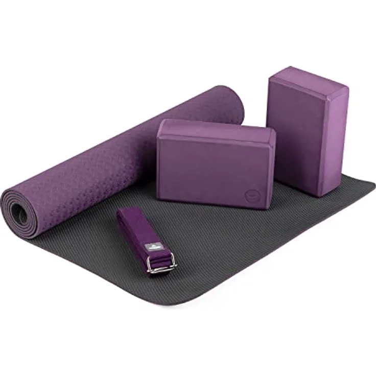 Bodhi Yoga-Set Flow | Set bestehend aus: 1 Yogamatte aus TPE, 2 Yoga-Bricks aus Eva (Moosgummi) und 1 Yoga-Gurt aus Baumwolle | Einsteiger-Set für Yoga-Anfänger (lila)
