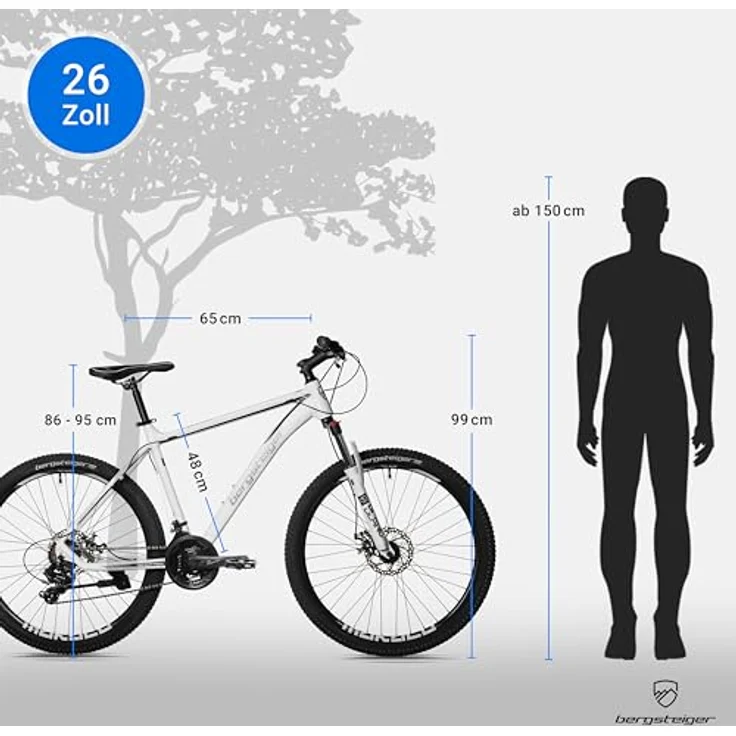 Bergsteiger Makalu 26 Zoll Mountainbike, Aluminium, geeignet ab 150 cm, Scheibenbremsen, Shimano 21 Gang-Schaltung, Hardtail, für Jungen und Herren – Bild 6