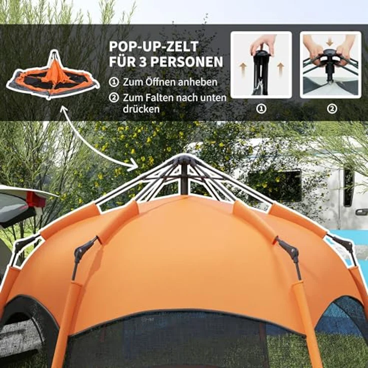 Outsunny Quick-Up-Zelt Doppelwandzelt Outdoor Familienzelt Pop-Up für 4–6 Personen 4 Jahreszeiten wasserdicht Orange + Blau 275 x 275 x 170 cm – Bild 3