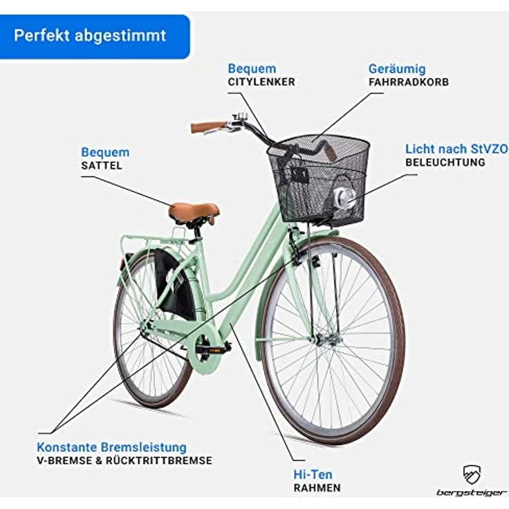 Bergsteiger Amsterdam Damenfahrrad 26 Zoll, 28 Zoll, ab 150 cm, mit Korb, Fahrrad-Licht, Rücktrittbremse - Retro-Design, blau – Bild 5