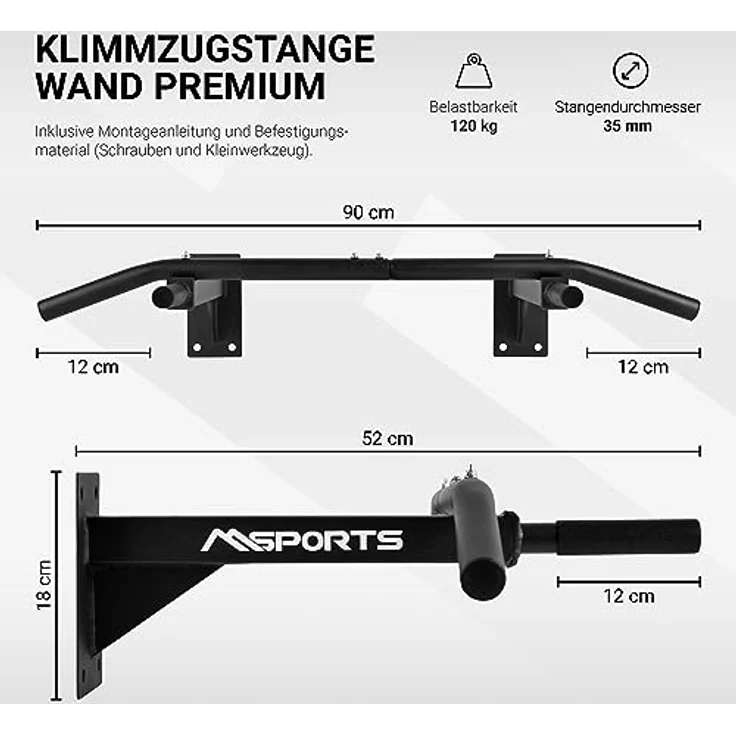 MSPORTS Klimmzugstange für Wandmontage inkl. Montageanleitung und - Zubehör | Reckstange – Bild 2