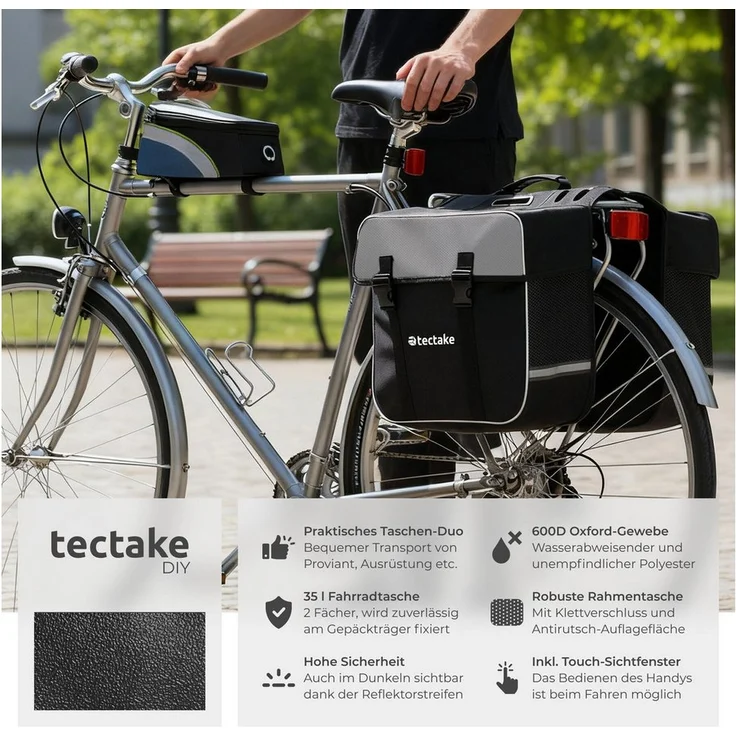 tectake Fahrradtasche Set Georg - wasserabweisend, schwarz/grün, mit Reflektorstreifen und sicherer Befestigung, 36 Liter Volumen