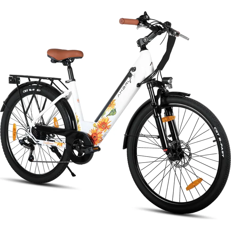 Hiland 26 Zoll 7-Gang Elektrofahrrad, 250W E-Citybike mit 36V 7,8Ah Akku und Frontlicht, Weiß