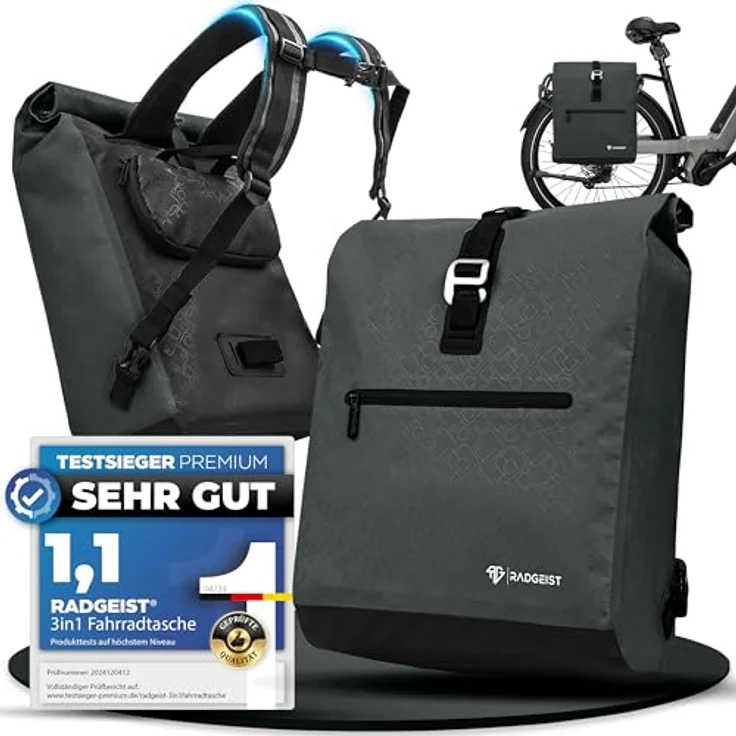 RADGEIST Fahrradtasche für Gepäckträger, 20L Umhängetasche & Rucksack in Anthrazit, wasserdichtes Frontfach, Laptopfach, reflektierende Elemente – Bild 1