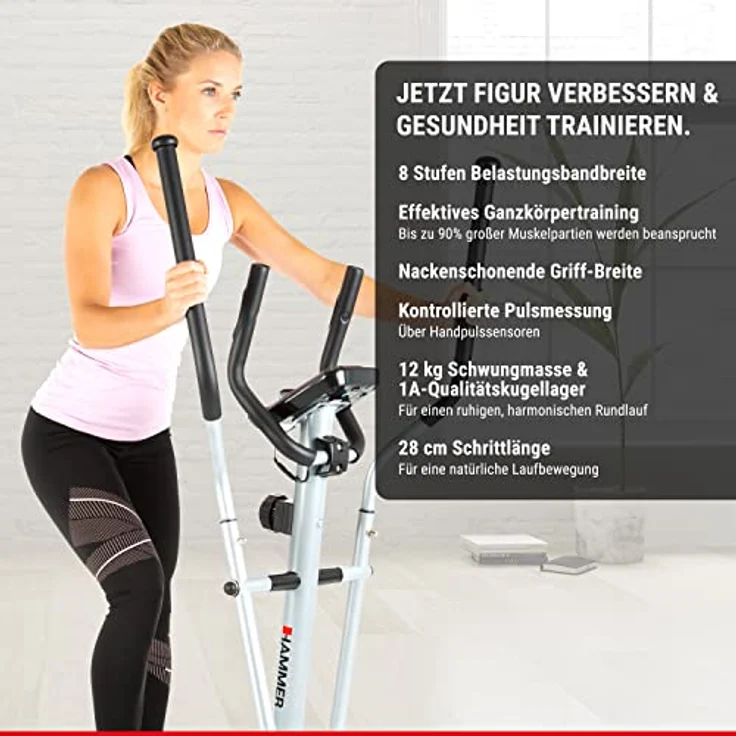 HAMMER Crosstrainer CT3, kompakt und platzsparend, Smartphone- und Tablethalterung für Multimedia-Unterhaltung, Cardiogerät mit Handpulssensoren, einfachste Bedienung, max. Gewichtsbelastung 100 kg – Bild 3
