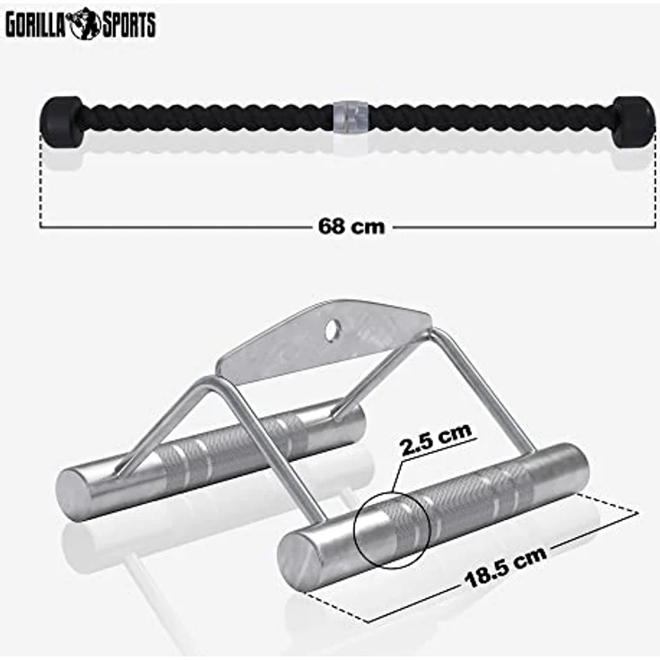 GORILLA SPORTS® Rudergriff Trizepsseil Set - mit/ohne Drehgelenk, Einzeln/Set, bis 200 kg Belastbar, gerändelt, aus Chrom - Parallelgriff, Kabelzuggriff, Seilzug Griff, Latzuggriff – Bild 2