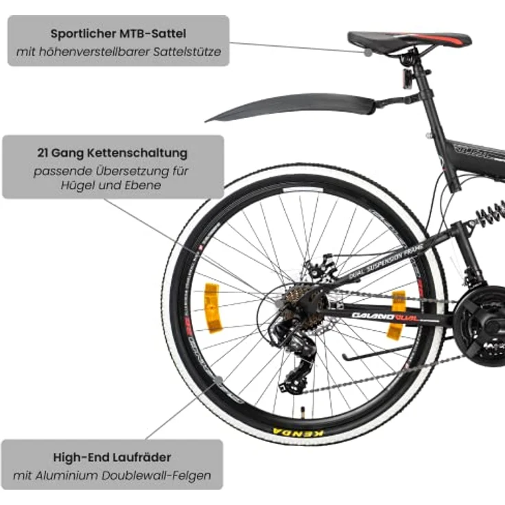 Galano Volt DS Mountainbike Fully, 26 Zoll, 21 Gang, für Jugendliche ab 160 cm, Farben: weiß/grün, schwarz/grün, schwarz/rot – Bild 4