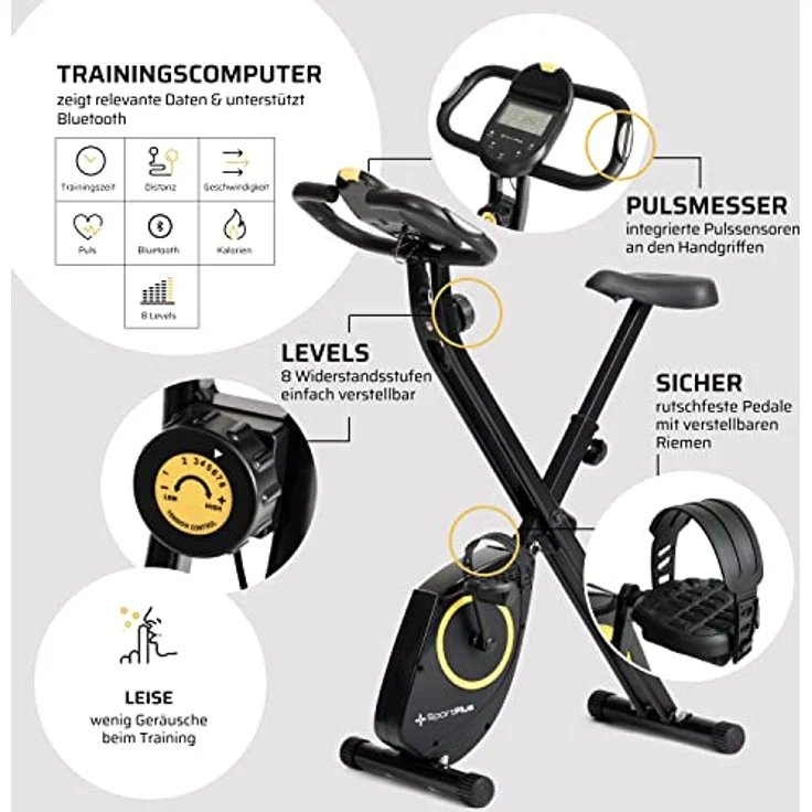 SportPlus X-Bike Heimtrainer klappbar für zuhause, mit 8 Widerstandsstufen, Display mit Smartphone- & Tablethalterung, App-Kompatiblität, bis 110 kg belastbar – Bild 4