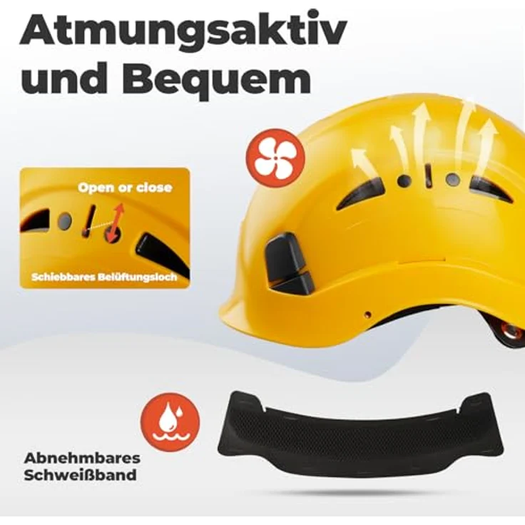 Mustbau Helm HSE06S, Kletterhelm mit gefütterten Schaumstoffpolstern, einstellbarer Passform und robustem Visier, für Bergsteigen, BAU und Gartenarbeit, Gelb – Bild 2