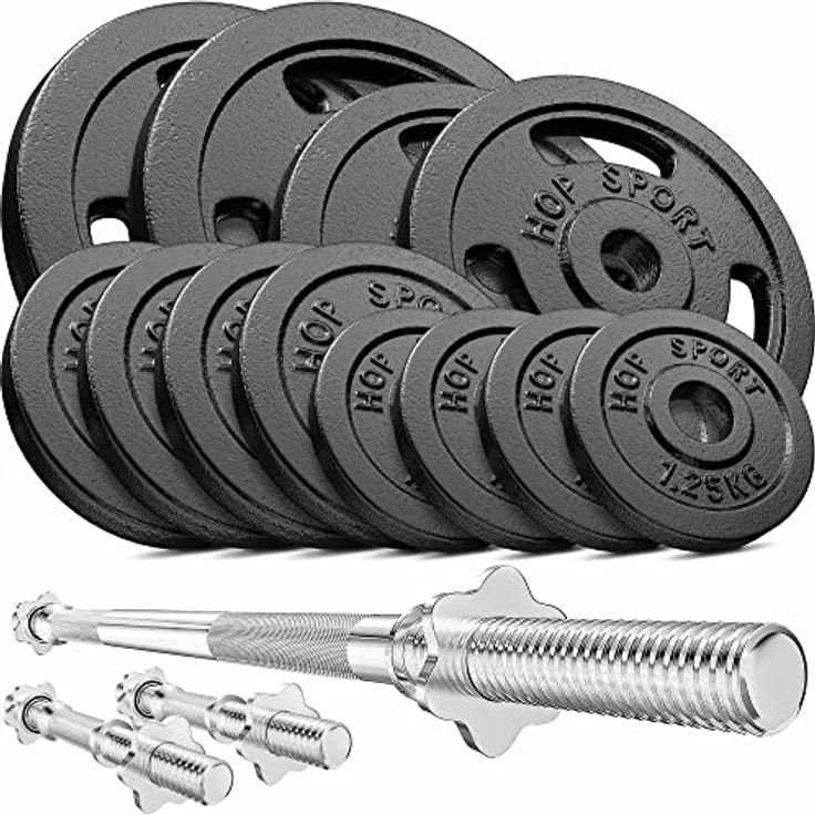 Hop-Sport Guss Hantelset mit Langhantelstange, Kurzhantelstangen und Gewichten, 1x Langhantel, 2X Kurzhantel, Set 39kg 59kg oder 79kg zur Auswahl (59kg) – Bild 1