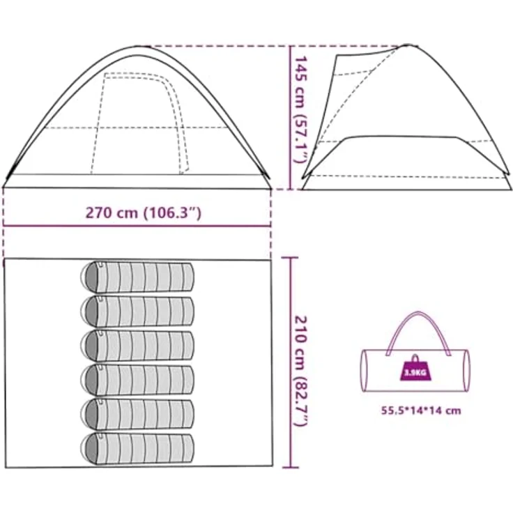 vidaXL Kuppel Familienzelt 6 Personen, Campingzelt mit wasserdichtem Design, abnehmbarem Überzelt und Insektenschutz, blau, 185T Polyester – Bild 3