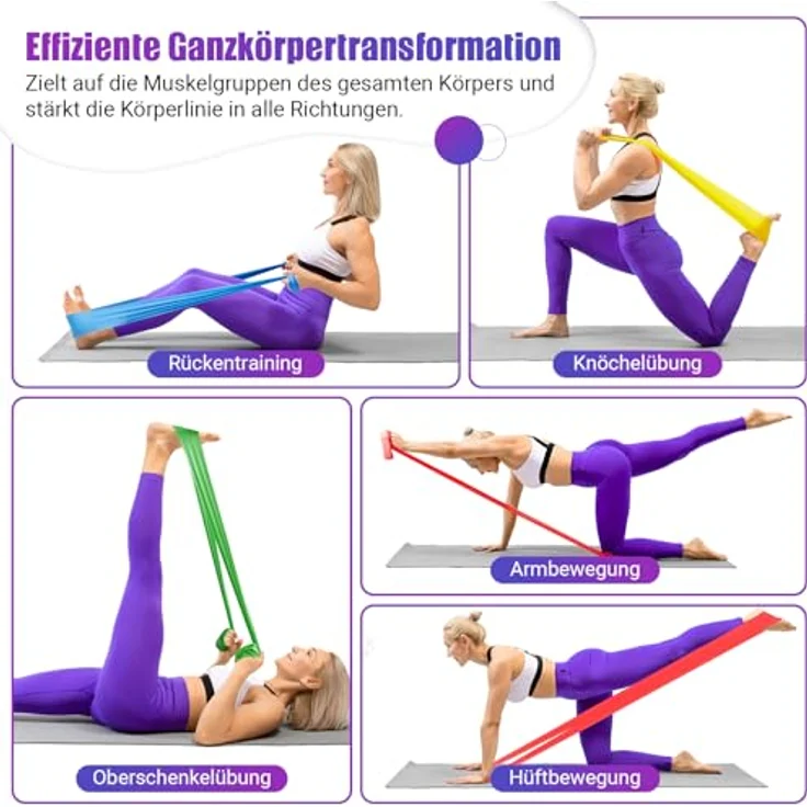 COFOF Fitnessbänder 4er-Set, Gymnastikband mit 4 Widerstandsstufen, Tragetasche & Übungsanleitung, ideal für Yoga und Pilates, gelb, blau, grün, rot – Bild 4