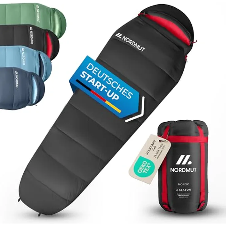 NORDMUT® Schlafsack Erwachsene Mumienschlafsack – Ultraleicht (900/1500g) mit 3-Jahreszeiten (250 GSM) & Sommerschlafsack (100 GSM) – Kompakt für Camping, Outdoor & Festivals, schwarz