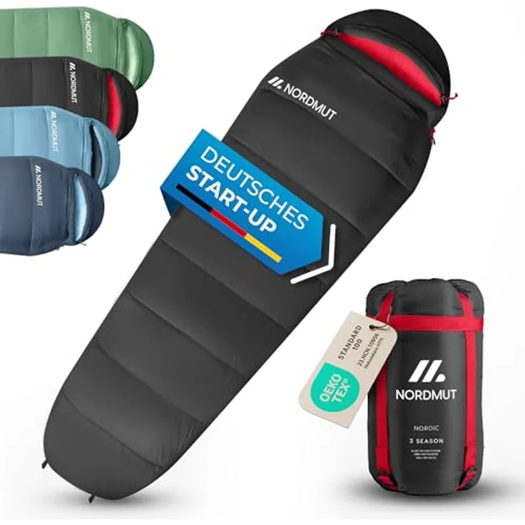 NORDMUT® Schlafsack Erwachsene Mumienschlafsack – Ultraleicht (900/1500g) mit 3-Jahreszeiten (250 GSM) & Sommerschlafsack (100 GSM) – Kompakt für Camping, Outdoor & Festivals, schwarz – Bild 1
