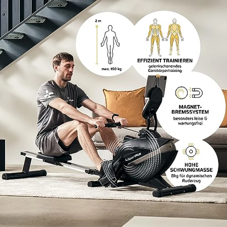 SportPlus Rudergerät für zuhause | Mit oder ohne Bluetooth, klappbar, leises Magnetbremssystem, 8 Widerstandsstufen, Schwungmasse 8kg, kugelgelagerter Rudersitz – Bild 2