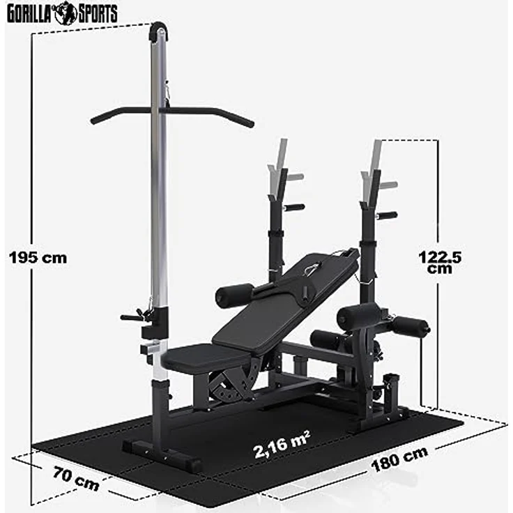 GORILLA SPORTS® Kraftstation Universal Set 46-teilig mit 100 kg Hantelset - Trainingsbank, Fitnessstation, Trainingsstation, Schwarz/Wiß – Bild 2