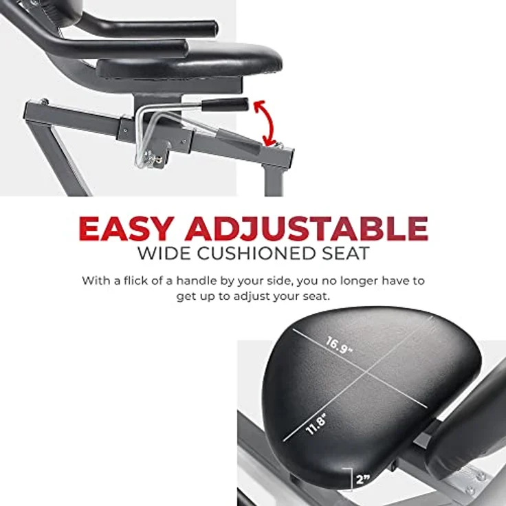 Sunny Health & Fitness SF-RB4616 Heimtrainer mit Lehne mit Magnetwiderstand, 136 kg max. Gewicht, verszellbarer Sitz, Monitor, Pulsfrequenz, Ergometer, Handpulssensoren, geräuschloser Riemenantrieb – Bild 3