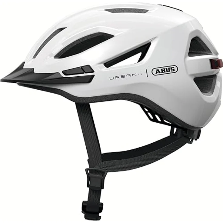ABUS Stadthelm Urban-I 4.0, Fahrradhelm Größe XL mit aufladbarem Rücklicht, 2 Leuchtmodi, Schirm, Zopf-Öffnung und magnetischem Verschluss, weiß – Bild 4