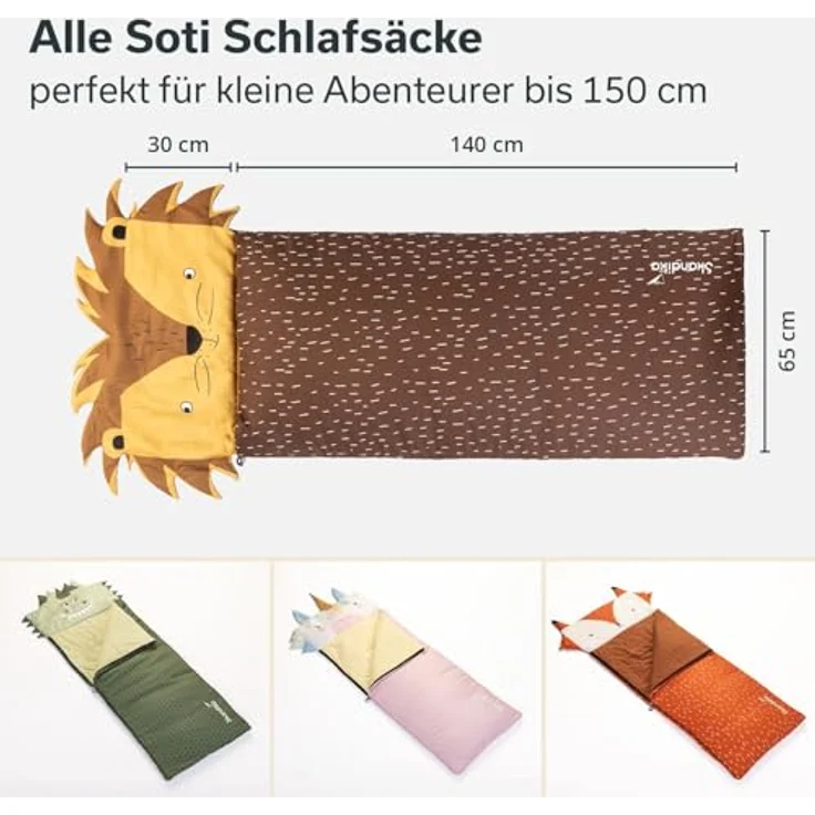 SKANDIKA Kinderschlafsack Soti, Camping Schlafsack für Kinder bis 150 cm, buntes Design Löwe, Baumwolle, maschinenwaschbar, Komfort-Temperaturen 13 °C bis 3 °C – Bild 3