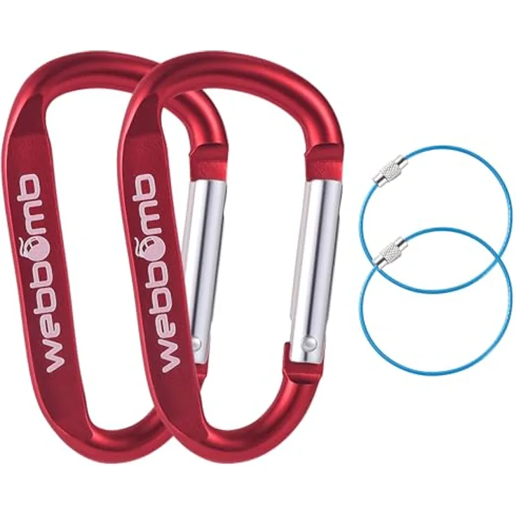 WEBBOMB® 2X Karabiner Haken 6,7 cm mit Schnappverschluss + 2X Drahtseil Schlüsselringe in Rot für Camping, Wandern, Angeln und Schlüsselanhänger